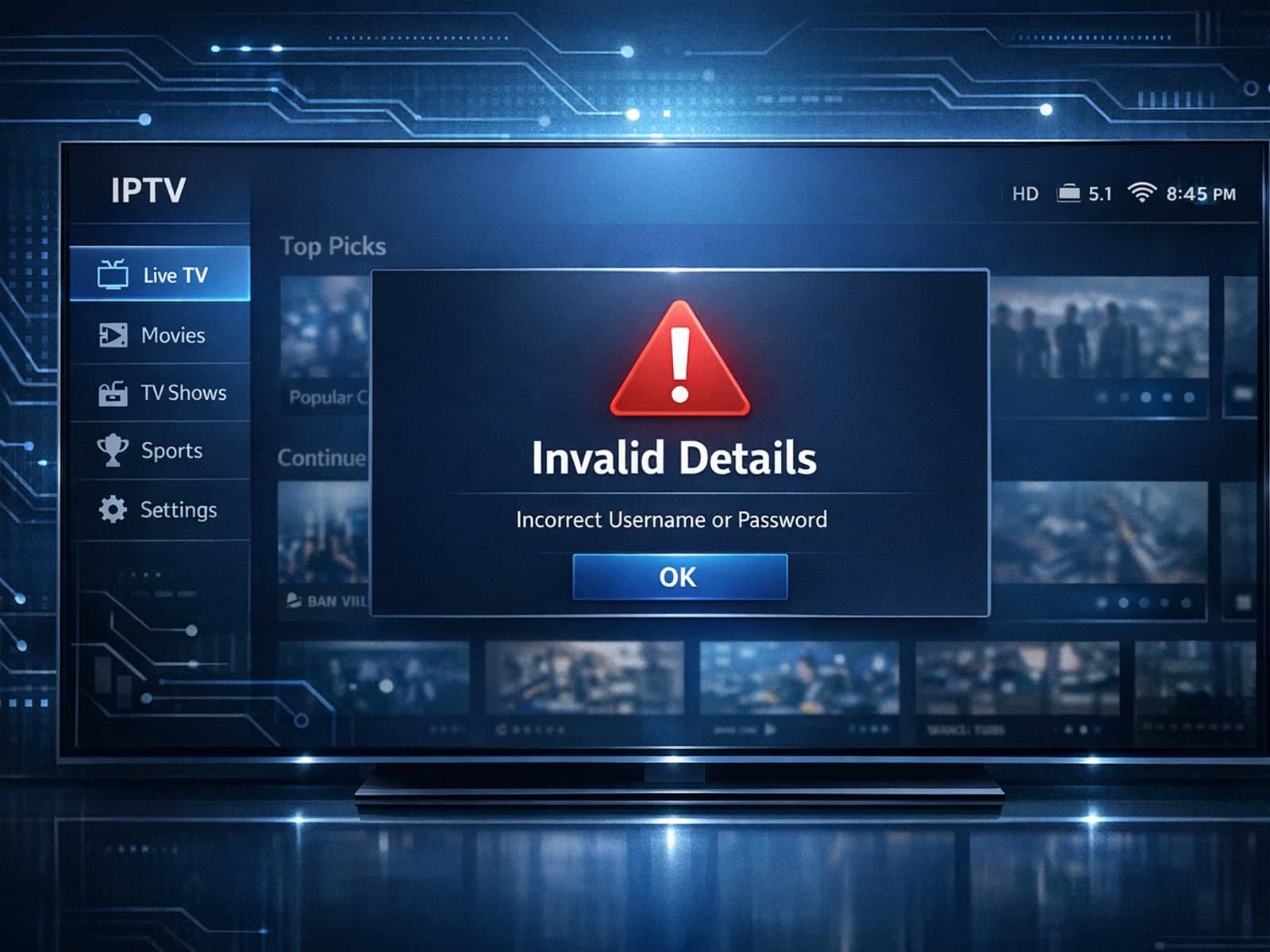 IPTV Smarters error message on dark blue themed IPTV app interface