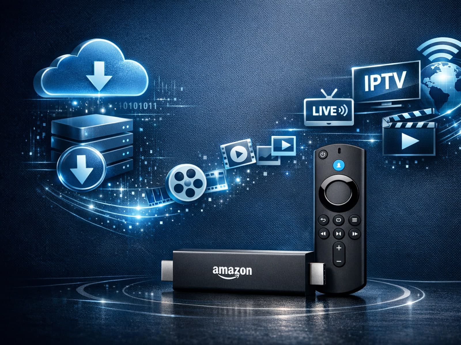 Illustration of a Fire TV Stick with digital storage icons and buffering IPTV streams over dark blue background