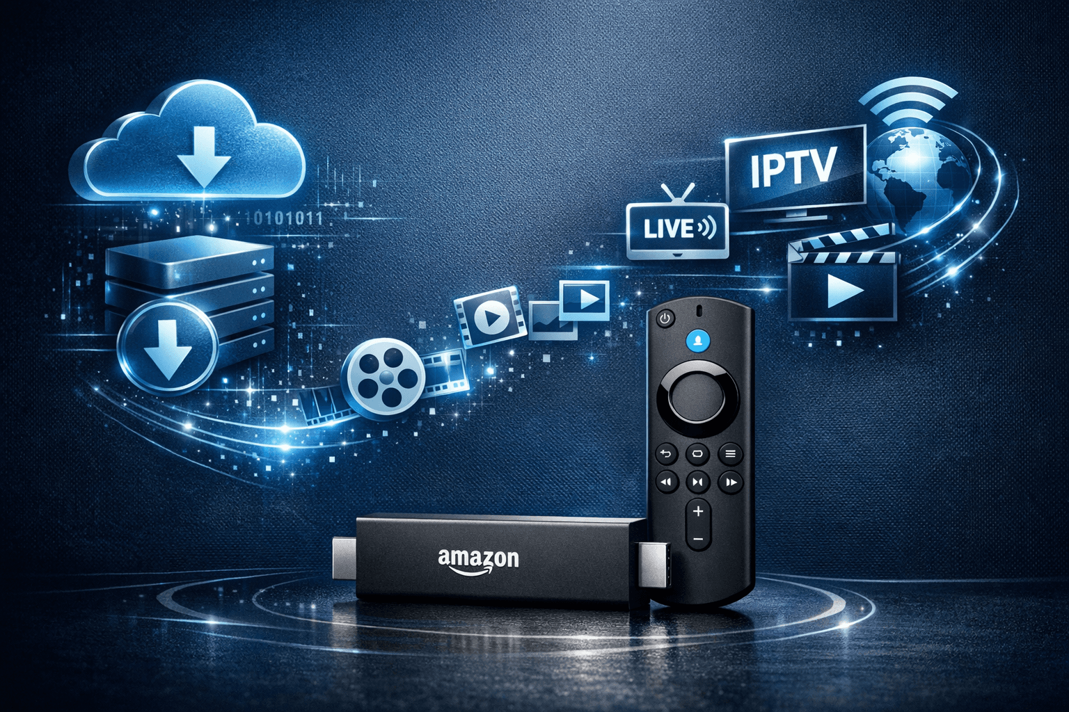 Illustration of a Fire TV Stick with digital storage icons and buffering IPTV streams over dark blue background