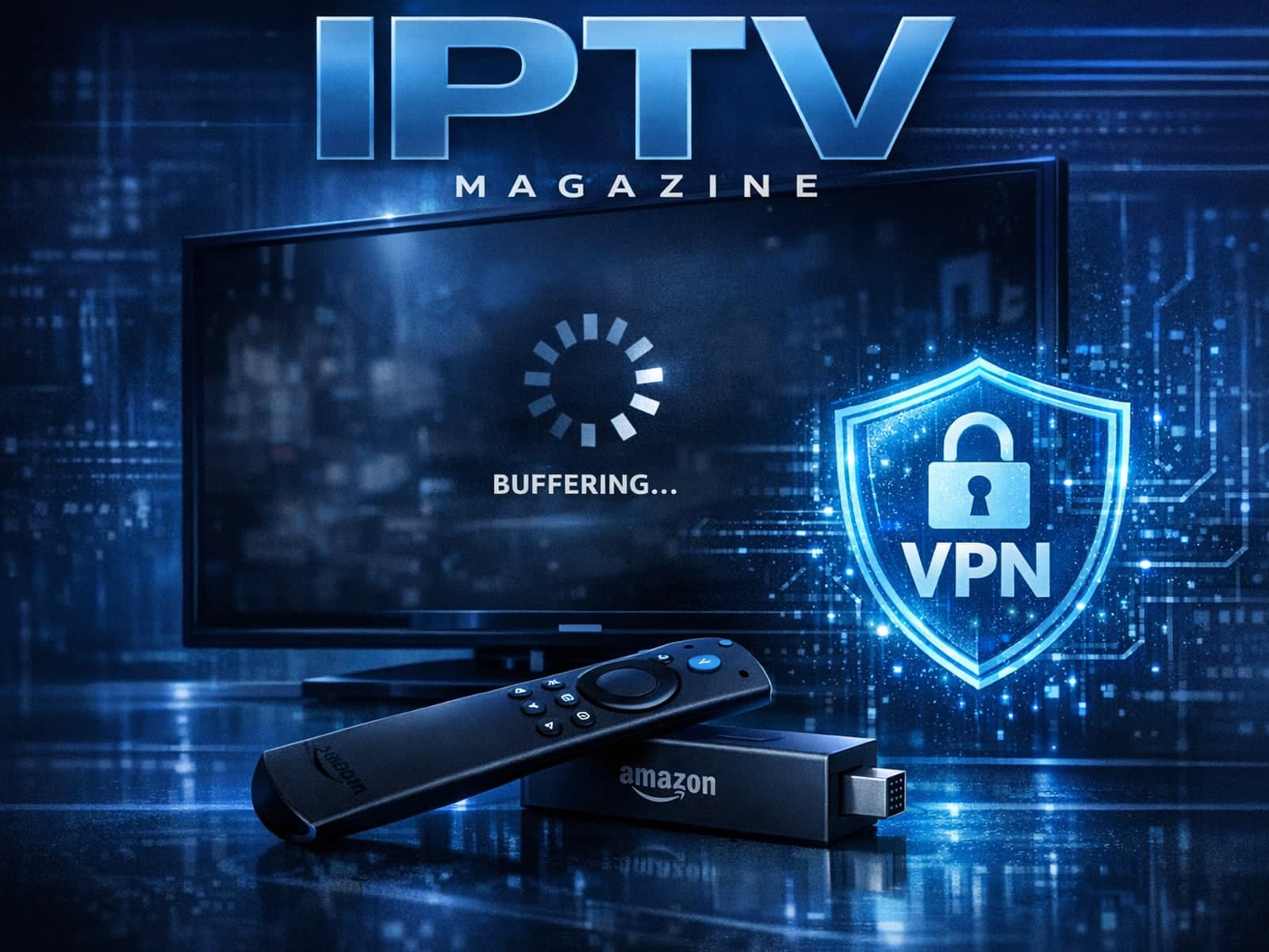 Amazon Firestick remote and VPN symbol indicating streaming buffering issues