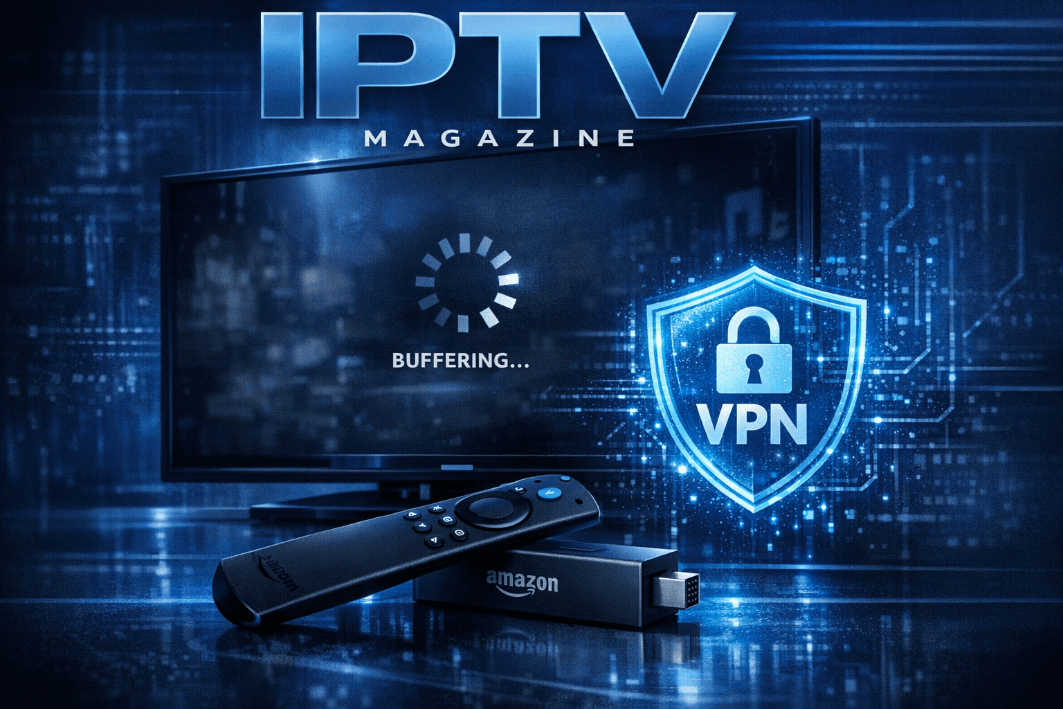 Amazon Firestick remote and VPN symbol indicating streaming buffering issues