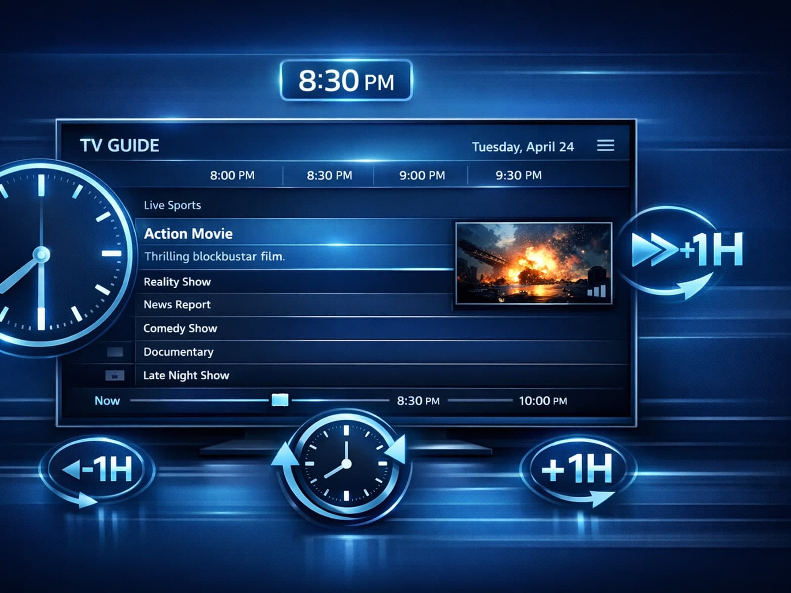 Dark blue themed IPTV TV screen showing program schedule with clock and settings icons