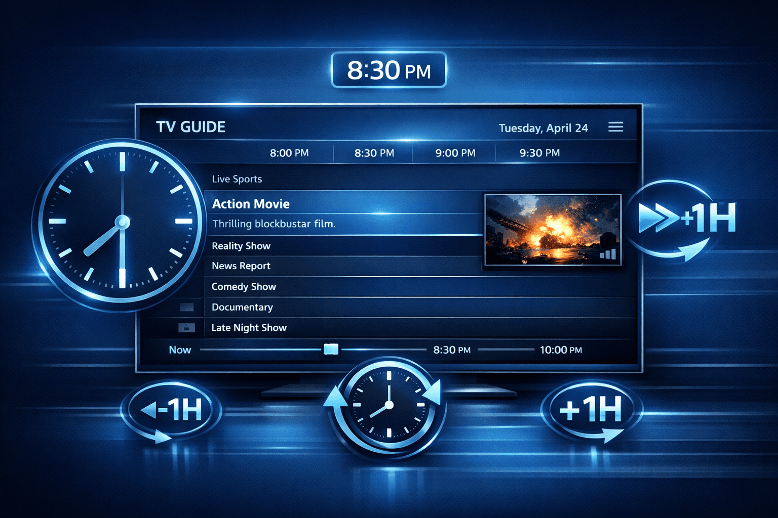 Dark blue themed IPTV TV screen showing program schedule with clock and settings icons