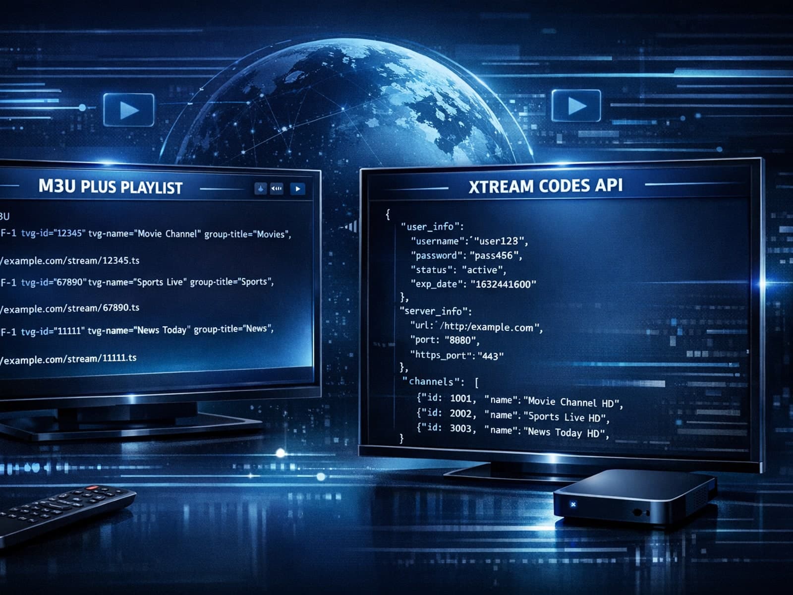 Editorial illustration showing IPTV device interfaces comparing M3U Plus and Xtream Codes API with dark blue theme