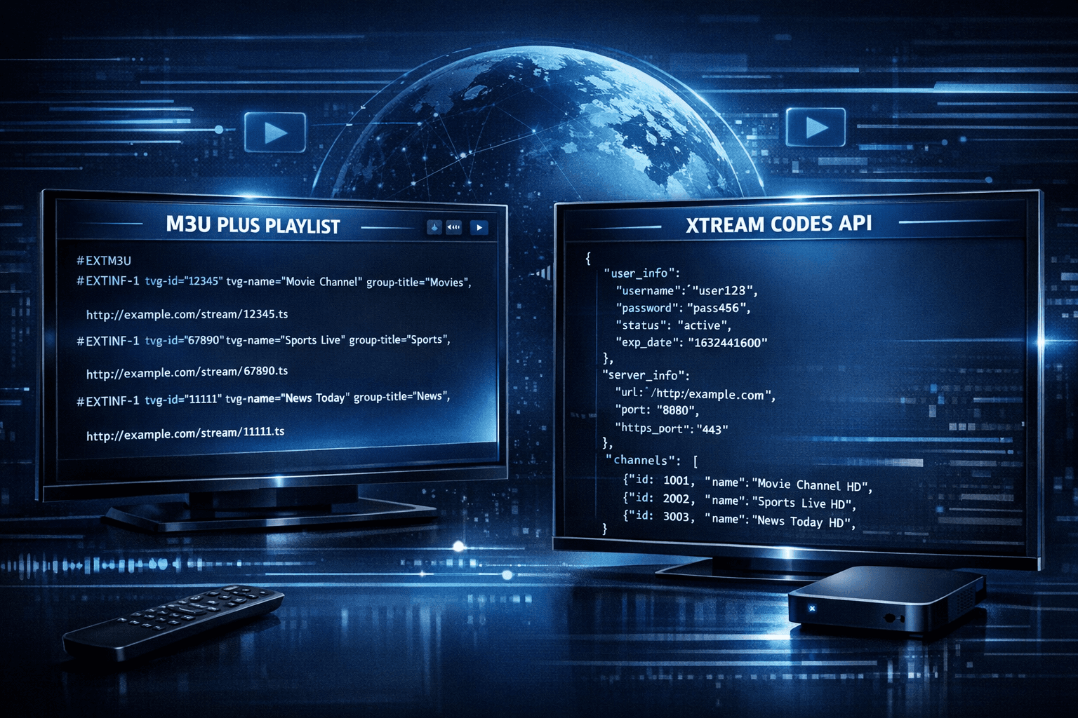 Editorial illustration showing IPTV device interfaces comparing M3U Plus and Xtream Codes API with dark blue theme