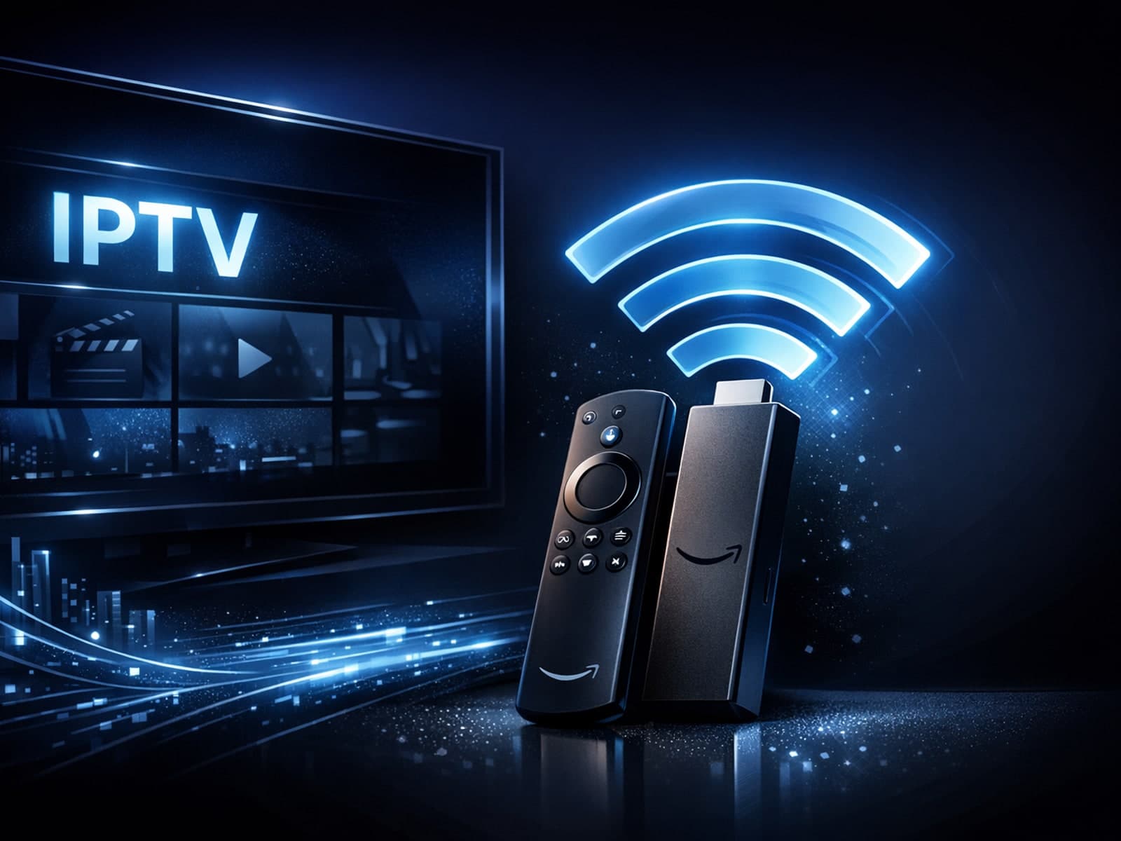 Fire TV Stick connected to a WiFi router with IPTV streaming on screen