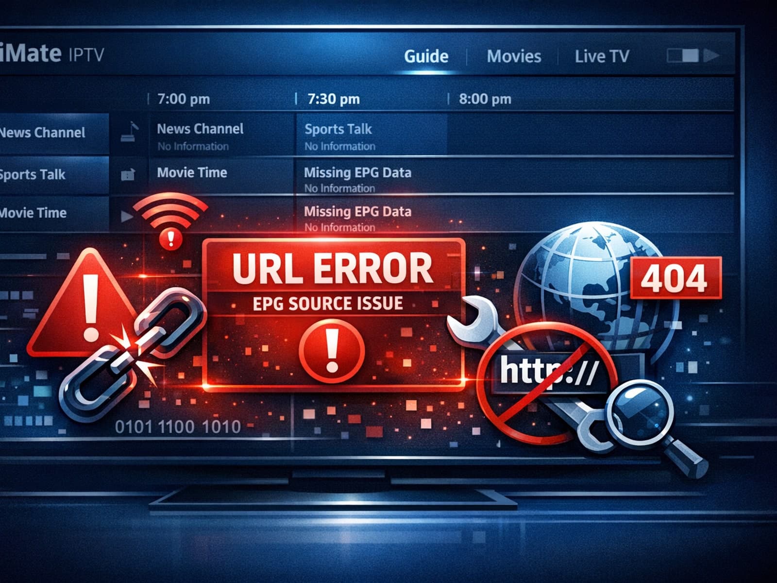 TiviMate app showing EPG source URL error on smart TV screen