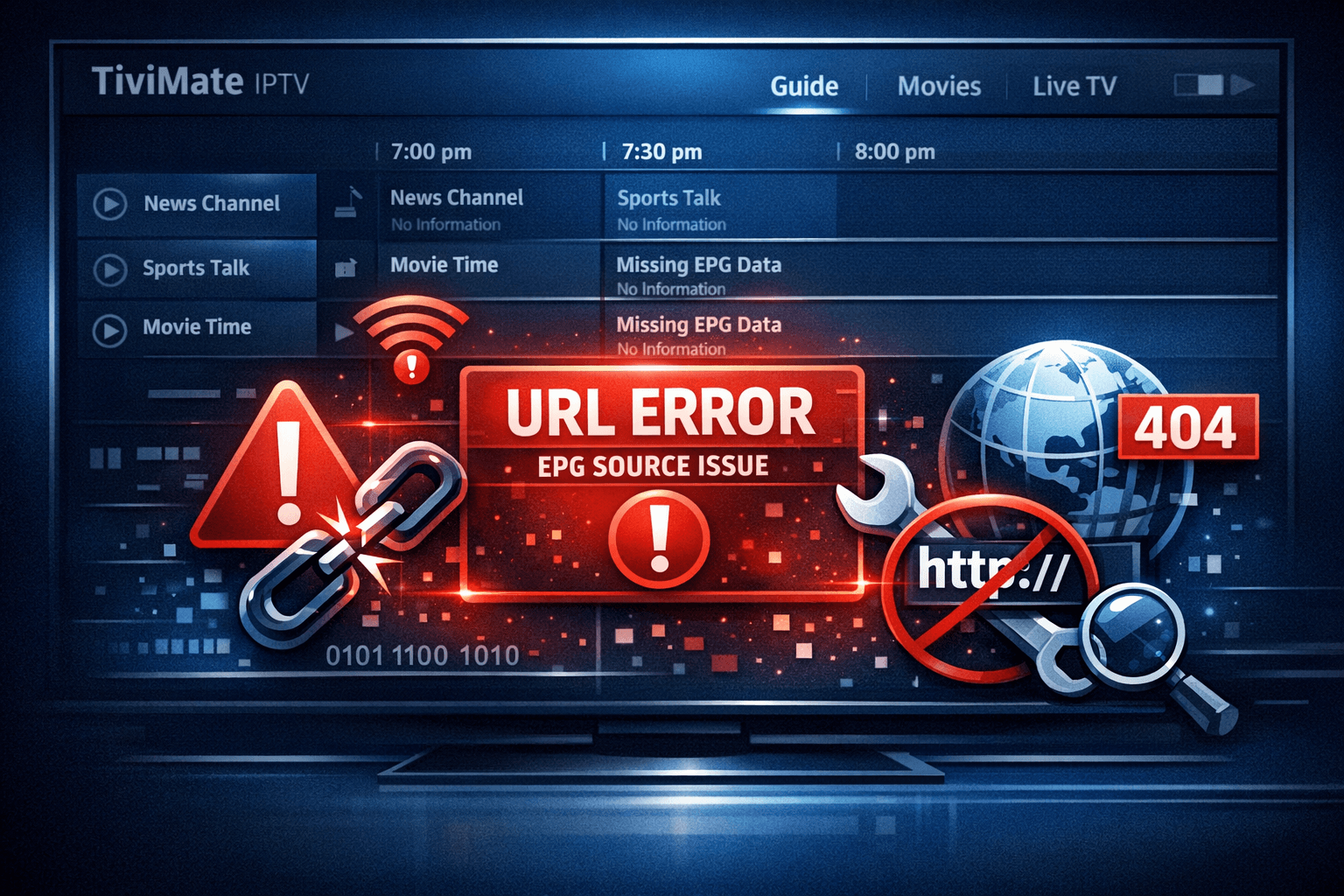 TiviMate app showing EPG source URL error on smart TV screen