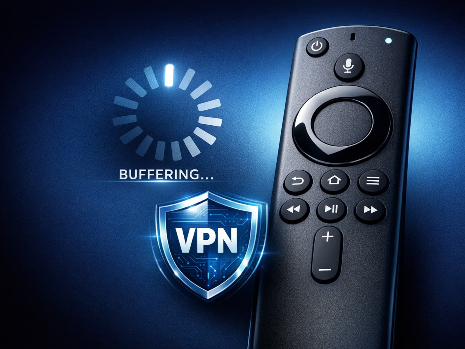 Illustration of a Firestick remote with IPTV buffering icon and VPN shield on a dark blue background