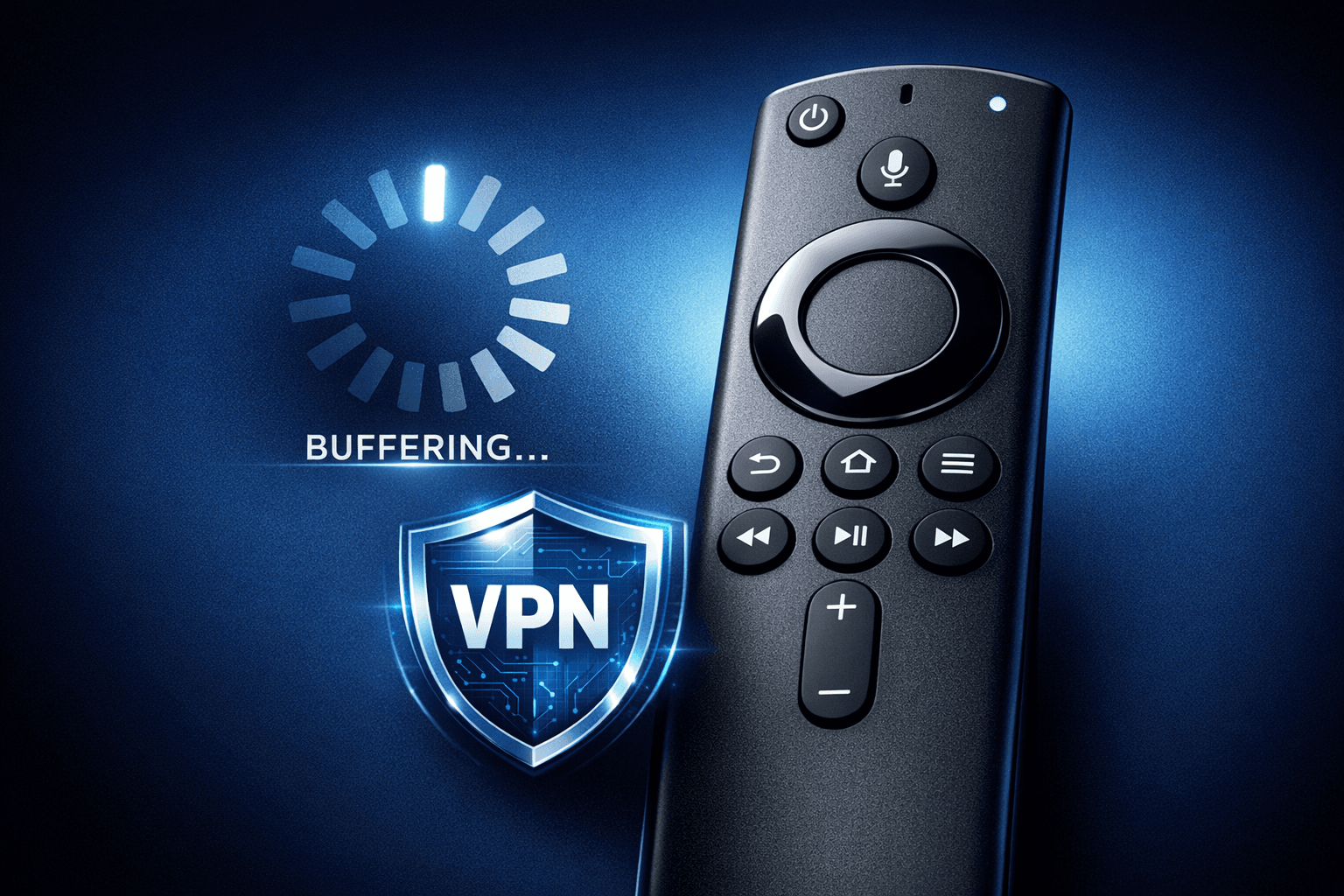 Illustration of a Firestick remote with IPTV buffering icon and VPN shield on a dark blue background
