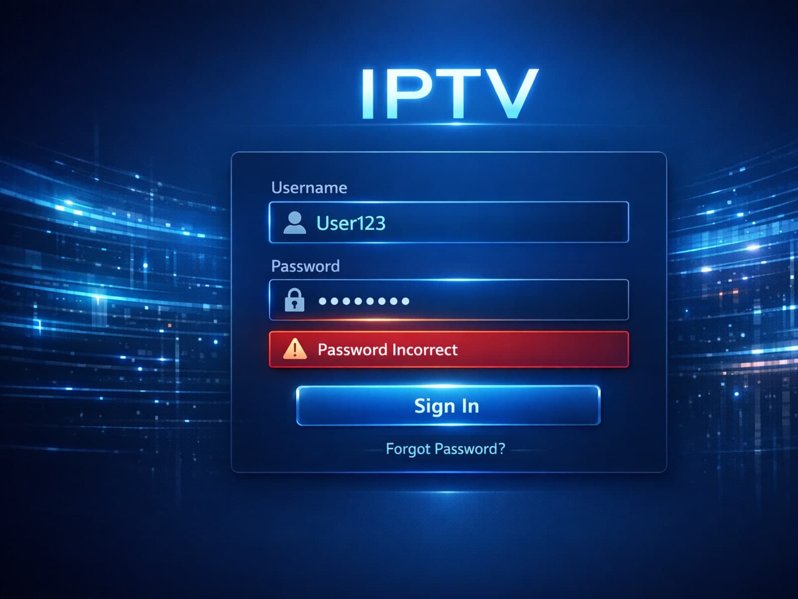 Illustration of IPTV login screen with password error on dark blue background