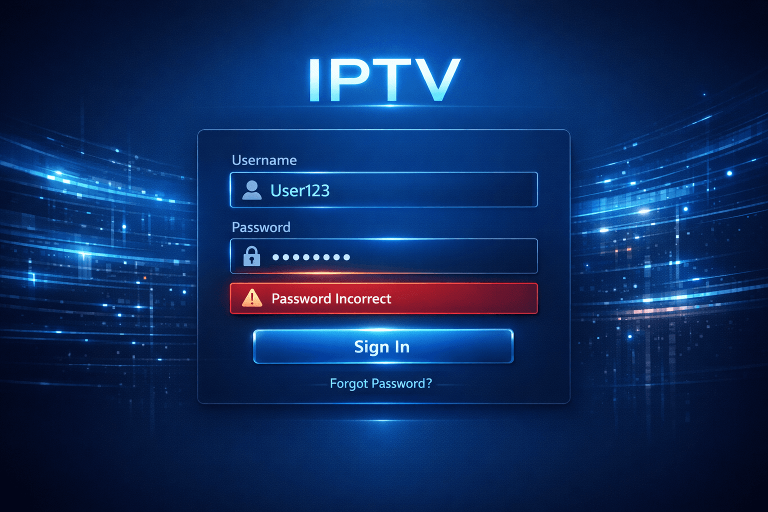 Illustration of IPTV login screen with password error on dark blue background