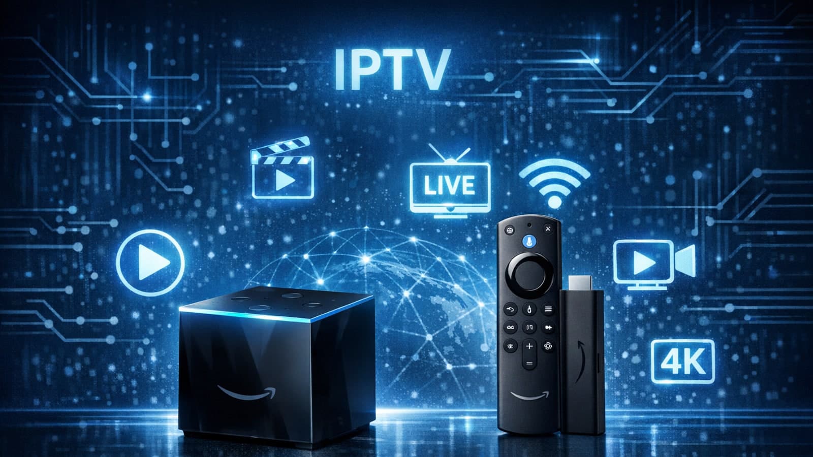 Fire TV Cube and Fire TV Stick 4K Max devices side by side displaying IPTV apps