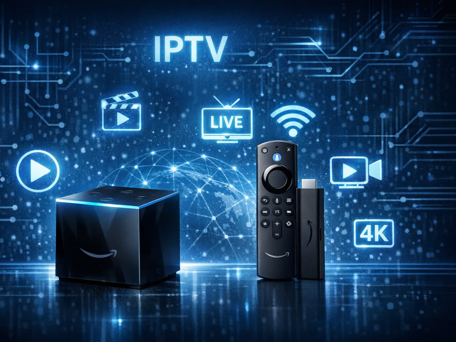 Fire TV Cube and Fire TV Stick 4K Max devices side by side displaying IPTV apps