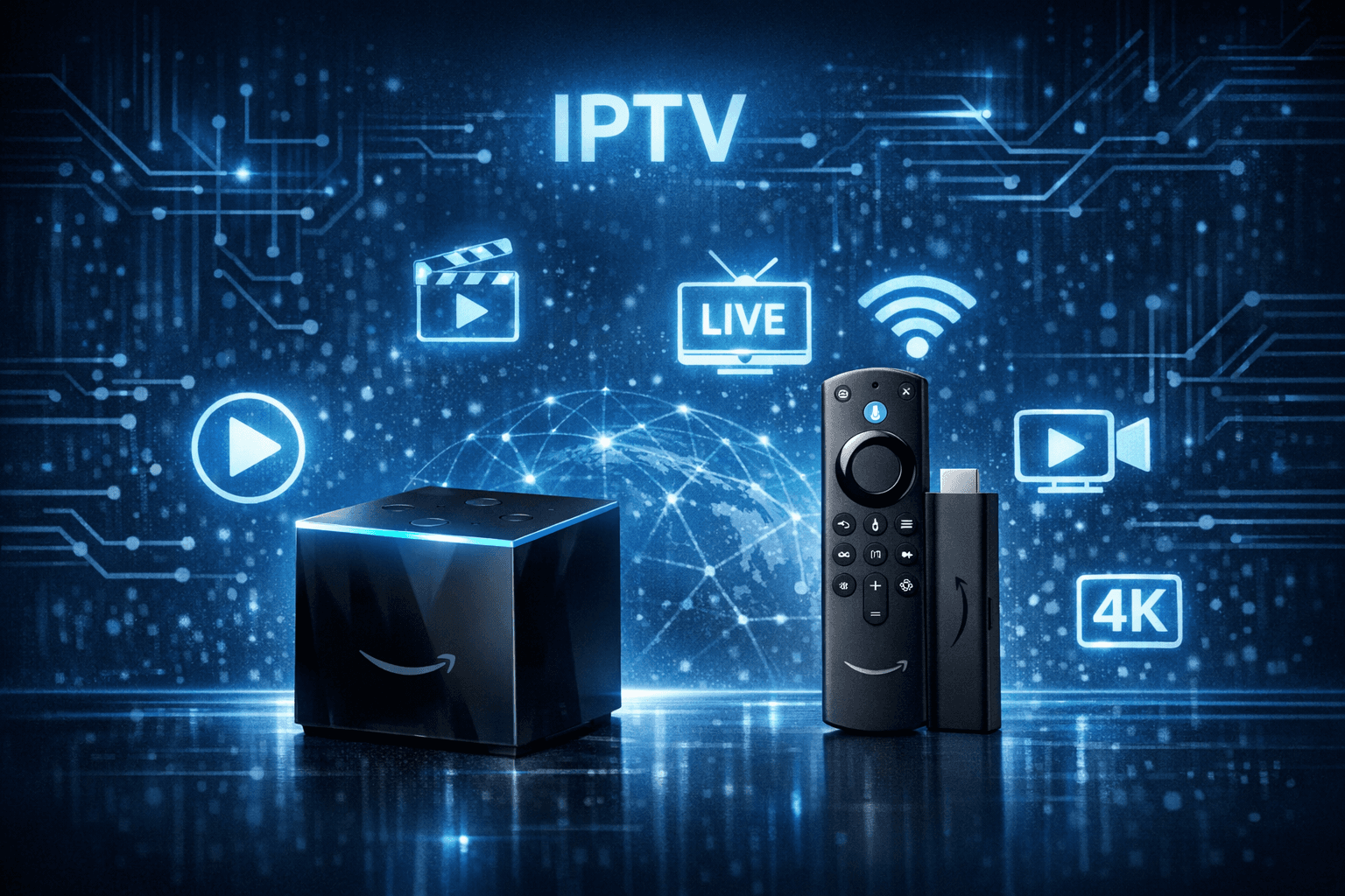 Fire TV Cube and Fire TV Stick 4K Max devices side by side displaying IPTV apps