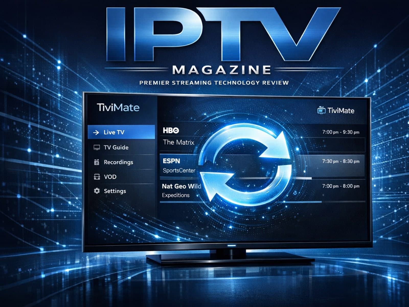 Illustration of TiviMate IPTV app screen with refresh symbol against a dark blue digital background