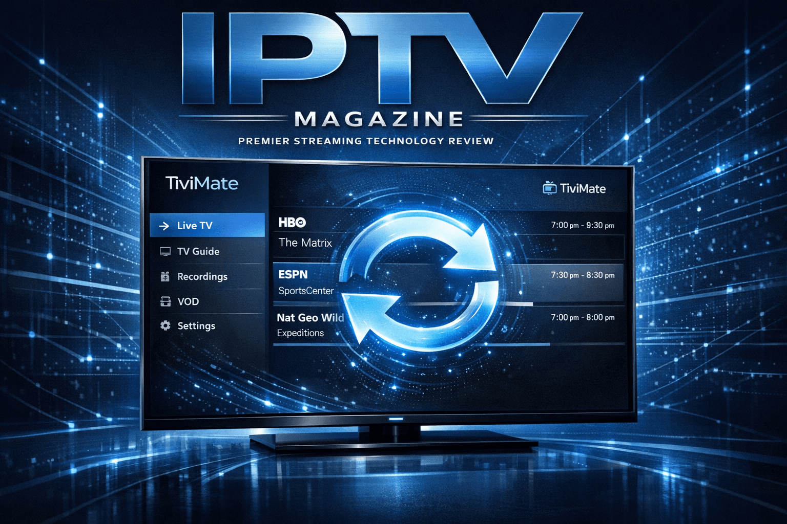 Illustration of TiviMate IPTV app screen with refresh symbol against a dark blue digital background