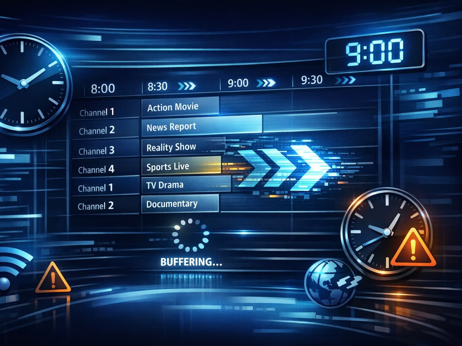 Abstract digital TV guide with time offsets illustrated, displayed on dark blue IPTV-themed background.