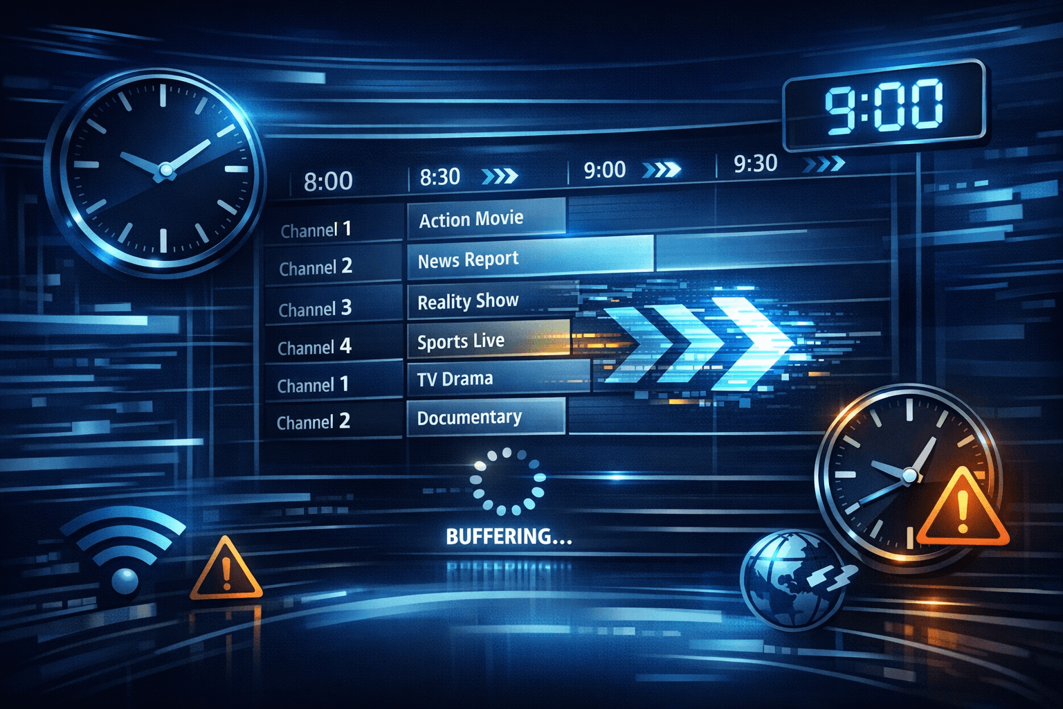 Abstract digital TV guide with time offsets illustrated, displayed on dark blue IPTV-themed background.