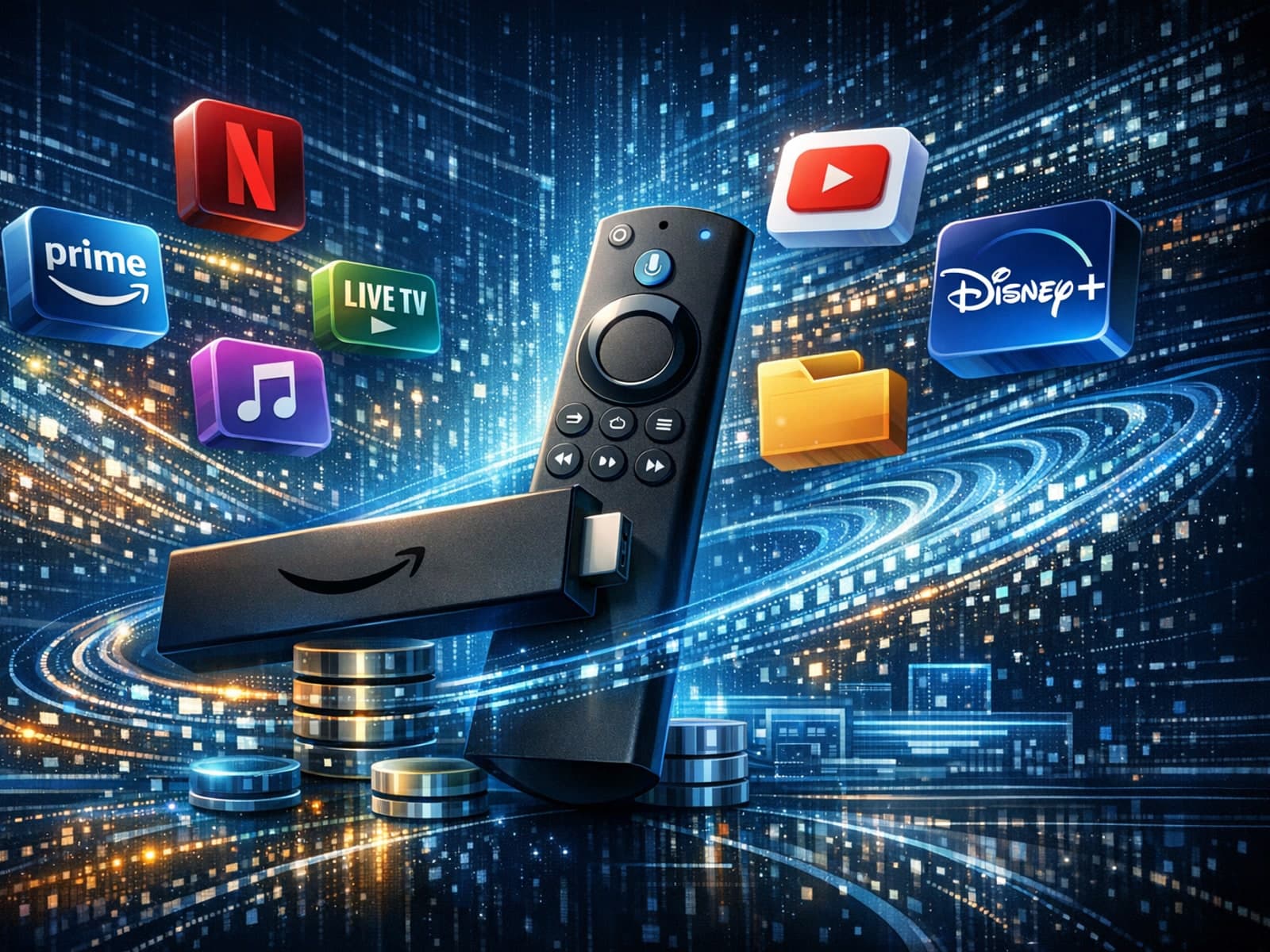 Fire TV Stick remote with buffering IPTV stream on TV screen