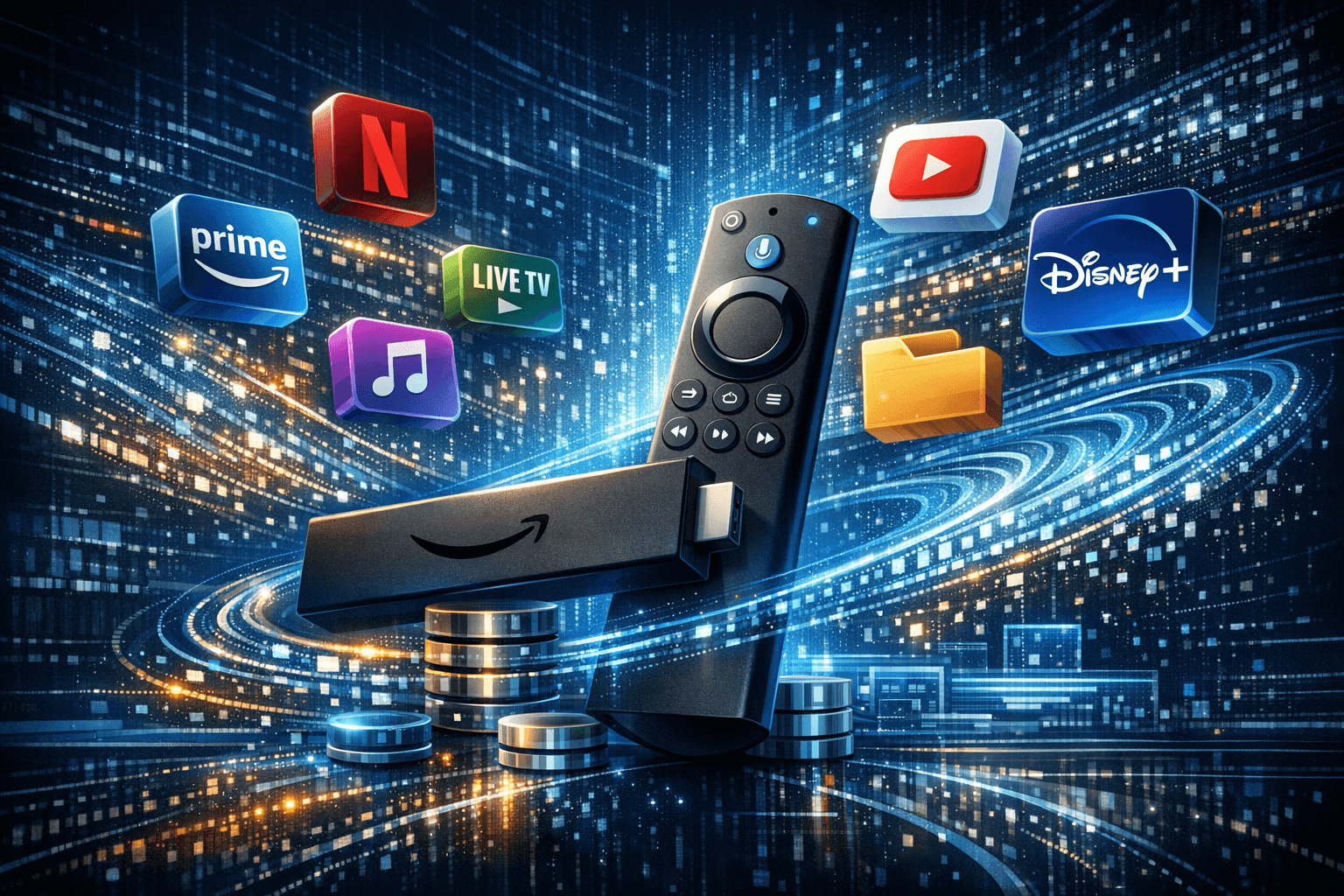 Fire TV Stick remote with buffering IPTV stream on TV screen