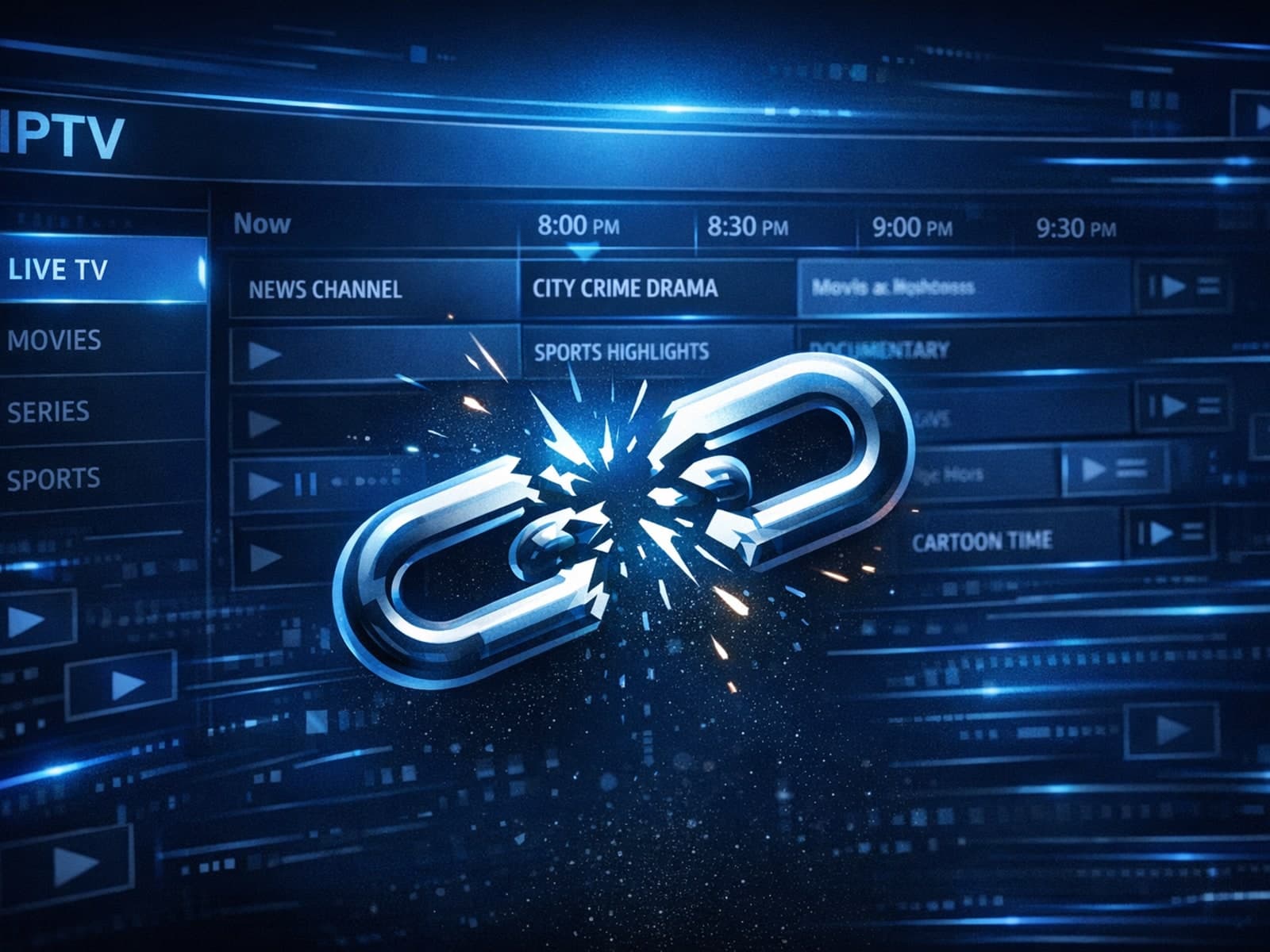 Digital illustration of streaming IPTV program guide with a broken link symbol on dark blue background