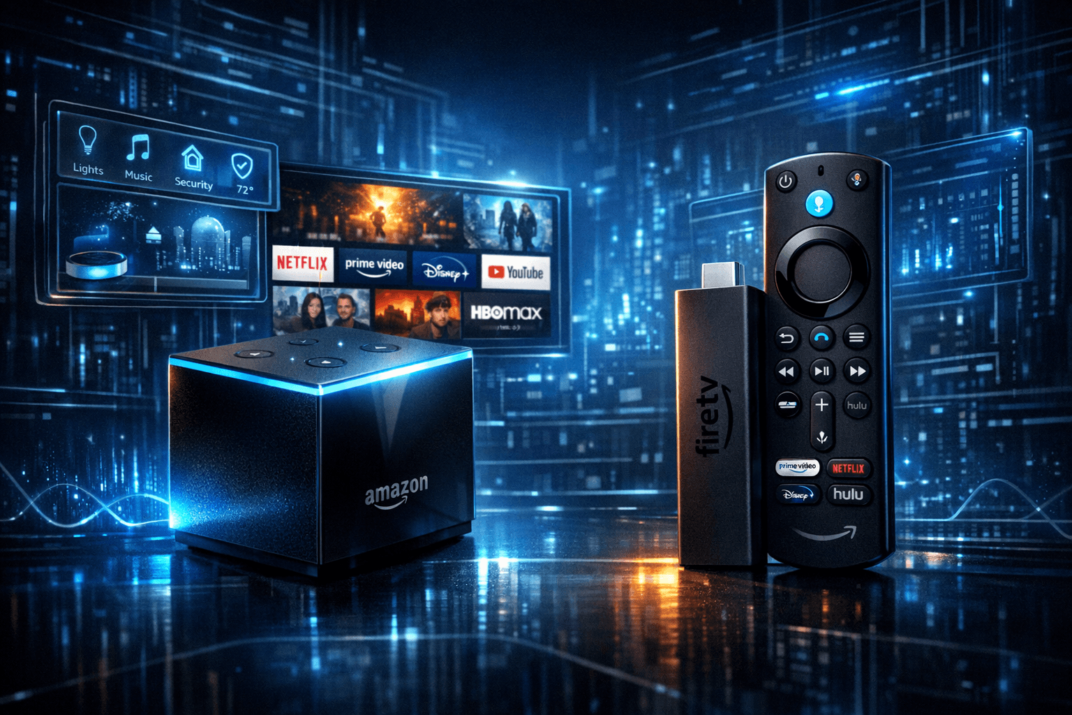 Smart home entertainment devices with Fire TV Cube and Fire TV Stick 4K Max on a dark blue tech background