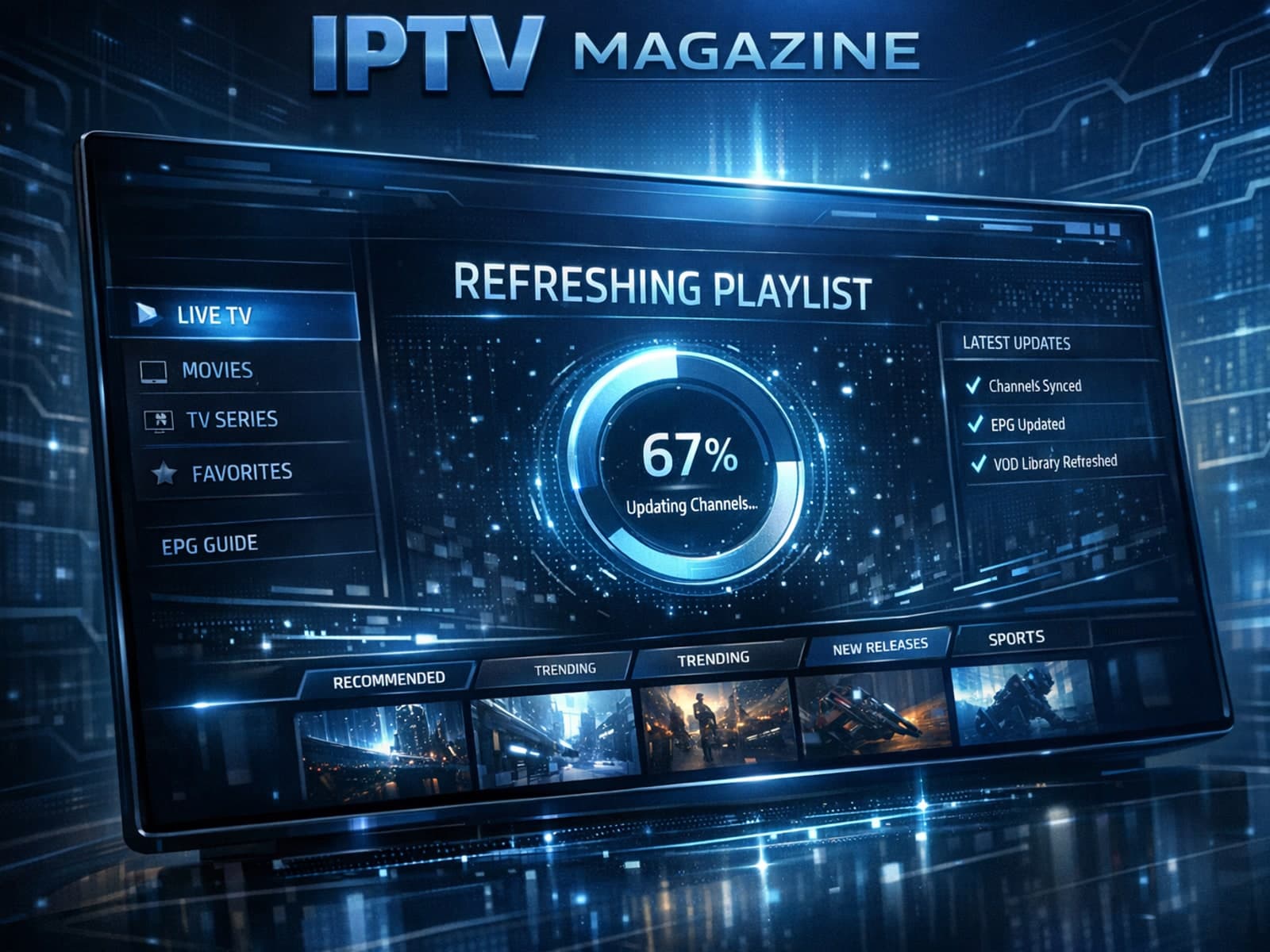 TiviMate app on a TV screen showing playlist refresh process