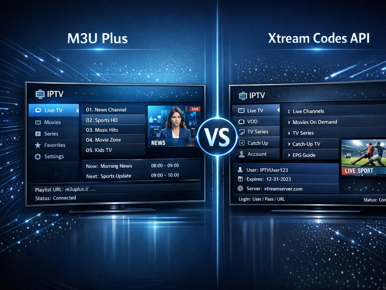 Comparison chart showing M3U Plus and Xtream Codes API features for IPTV playlist updates
