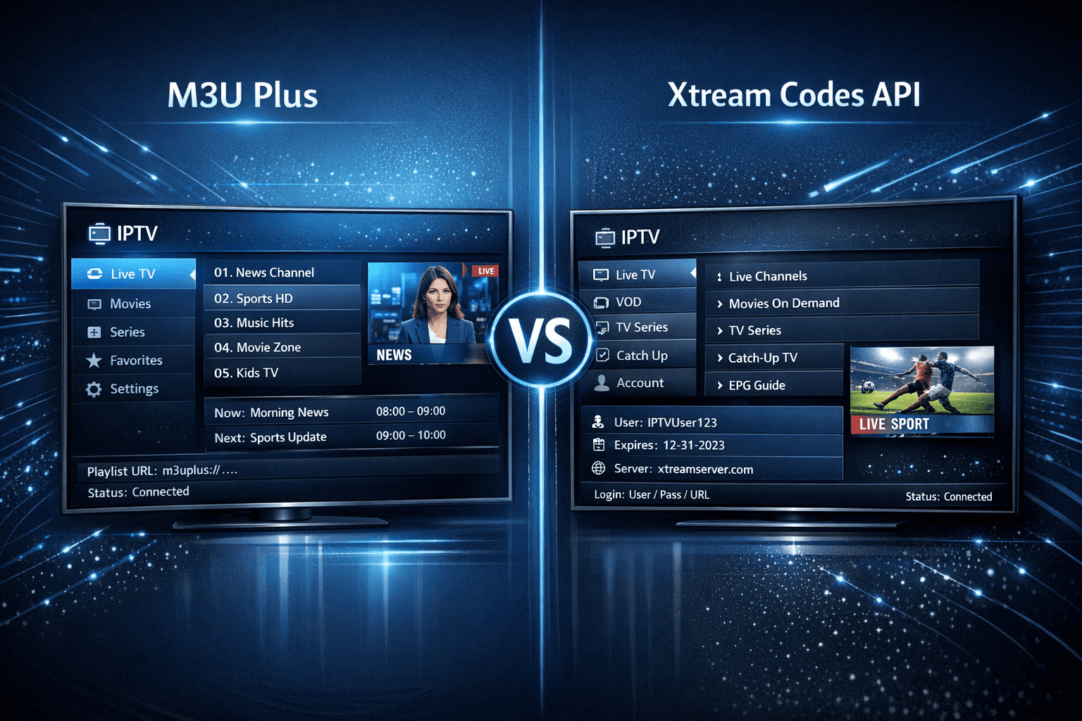 Comparison chart showing M3U Plus and Xtream Codes API features for IPTV playlist updates
