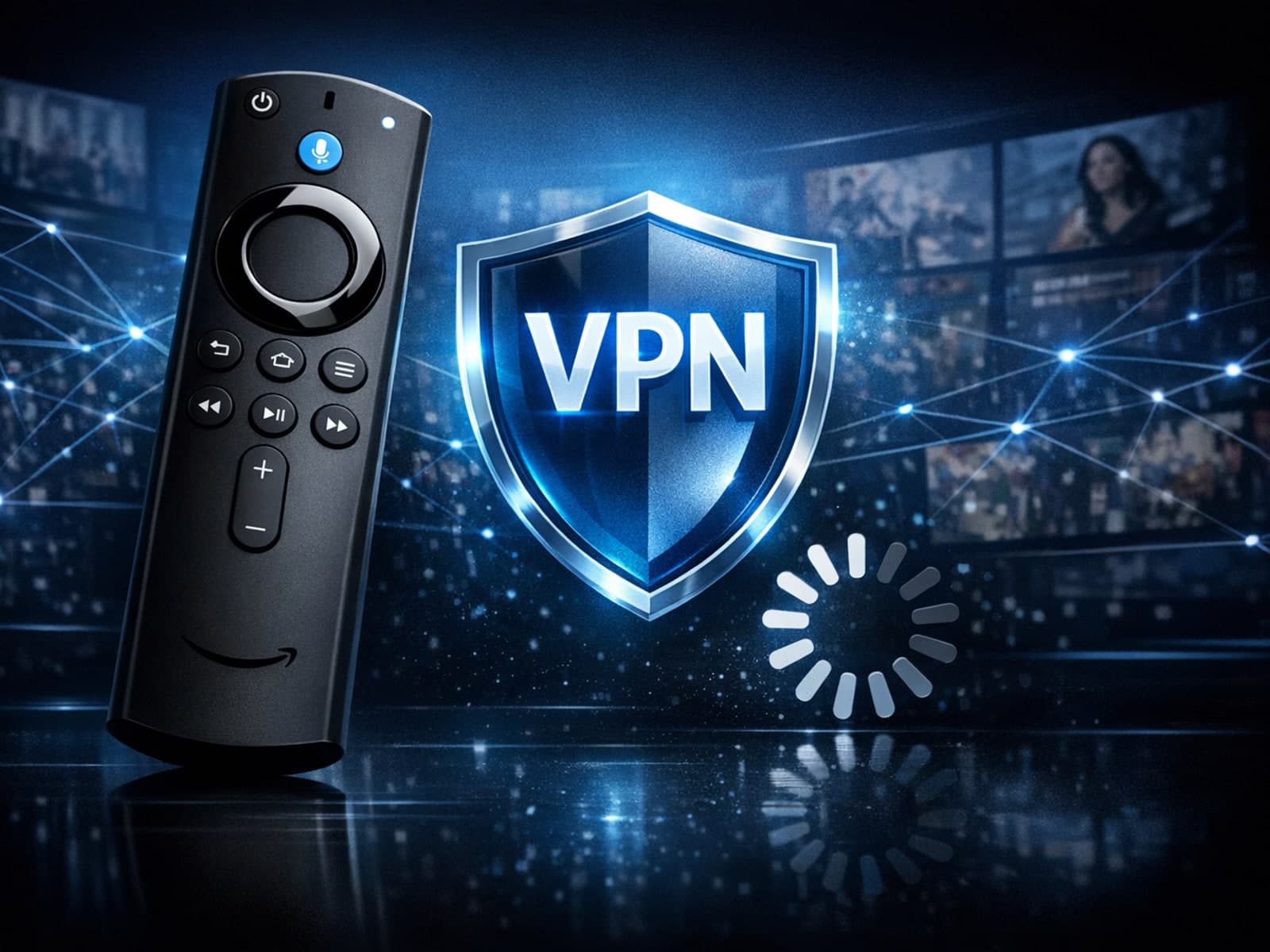 Firestick remote with VPN and buffering icon overlay on IPTV streaming screen