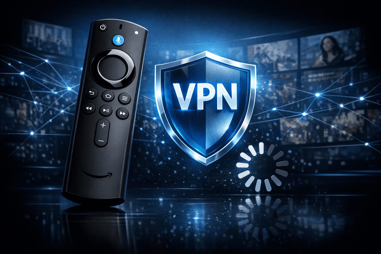 Firestick remote with VPN and buffering icon overlay on IPTV streaming screen