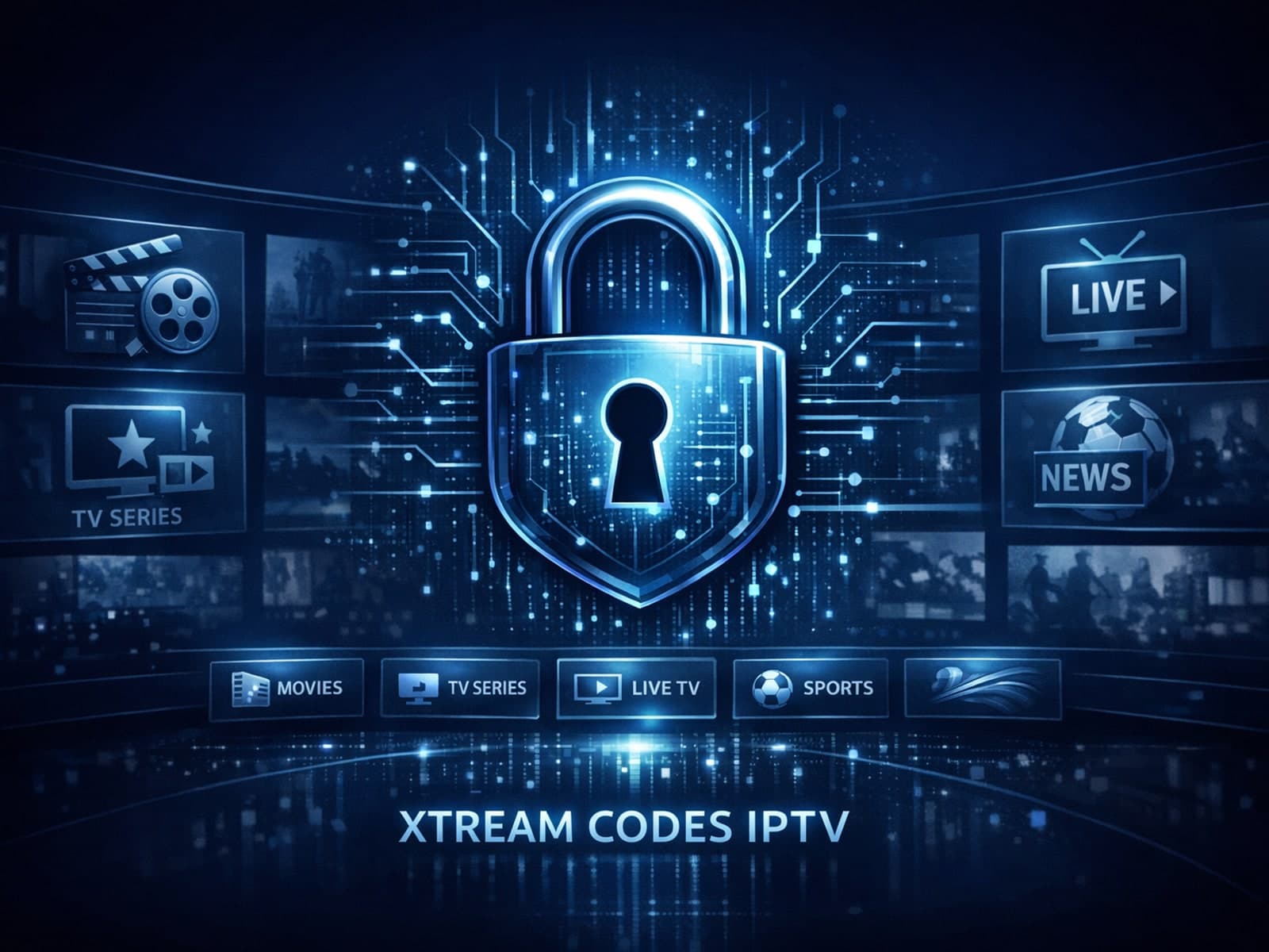 Dark blue themed editorial illustration of a digital lock with IPTV streaming icons symbolizing secure Xtream Codes login