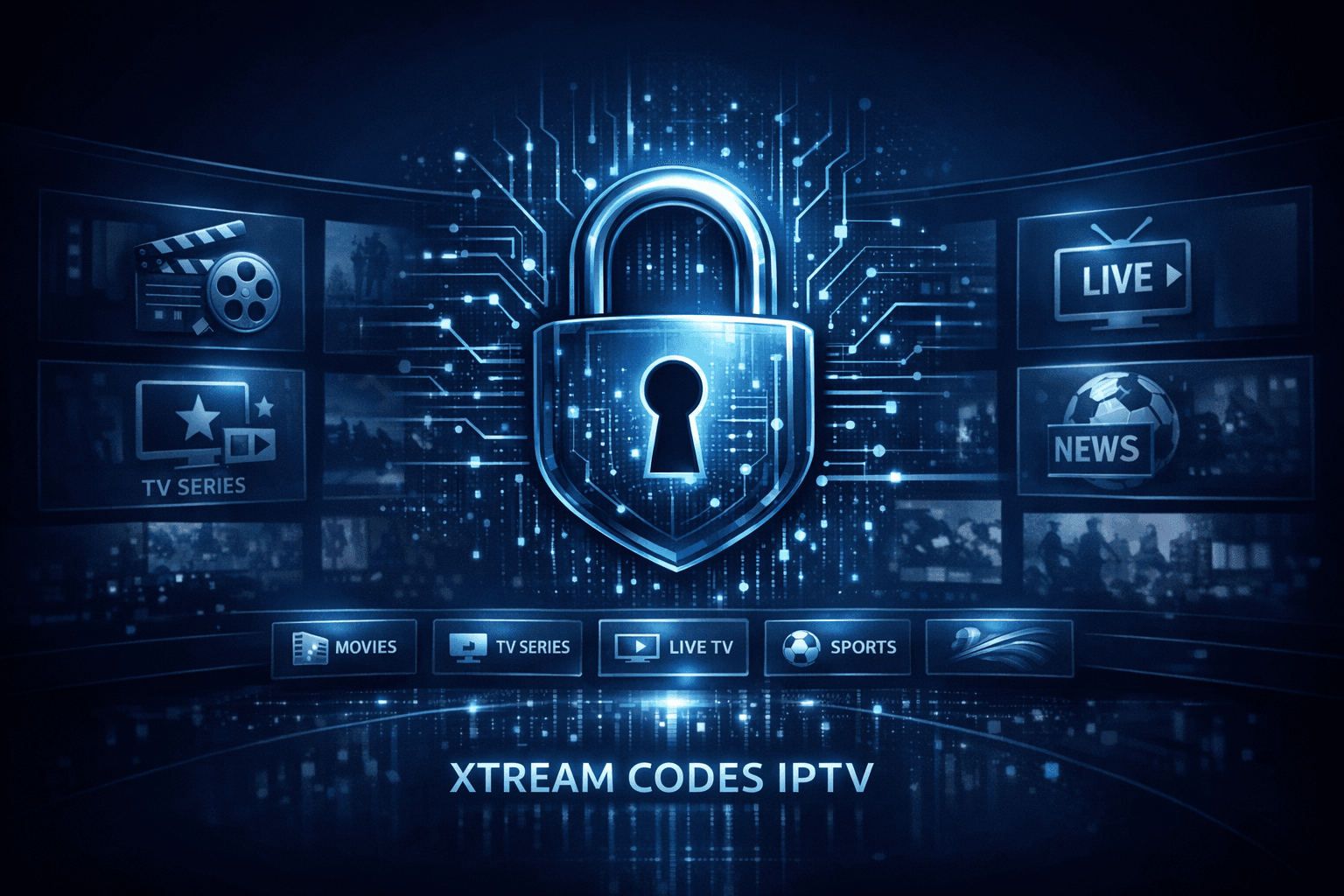 Dark blue themed editorial illustration of a digital lock with IPTV streaming icons symbolizing secure Xtream Codes login