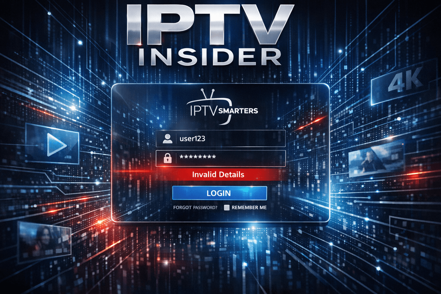IPTV Smarters app login screen showing 'Invalid Details' error on a smart TV