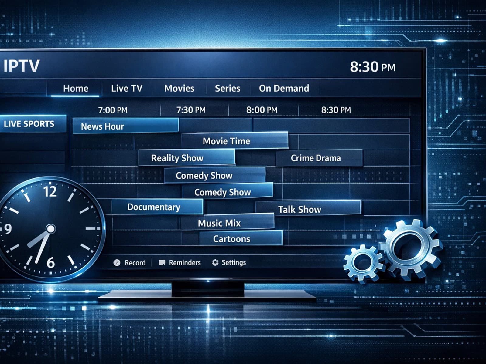 Illustration of a TV screen displaying a misaligned electronic program guide with clock icons and settings gear, in dark blue tones