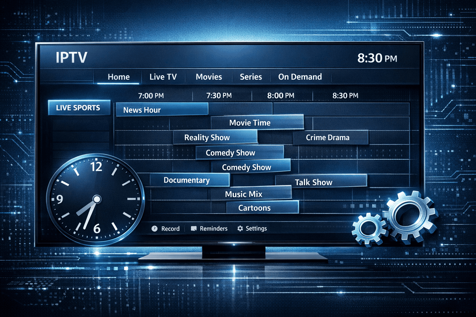 Illustration of a TV screen displaying a misaligned electronic program guide with clock icons and settings gear, in dark blue tones