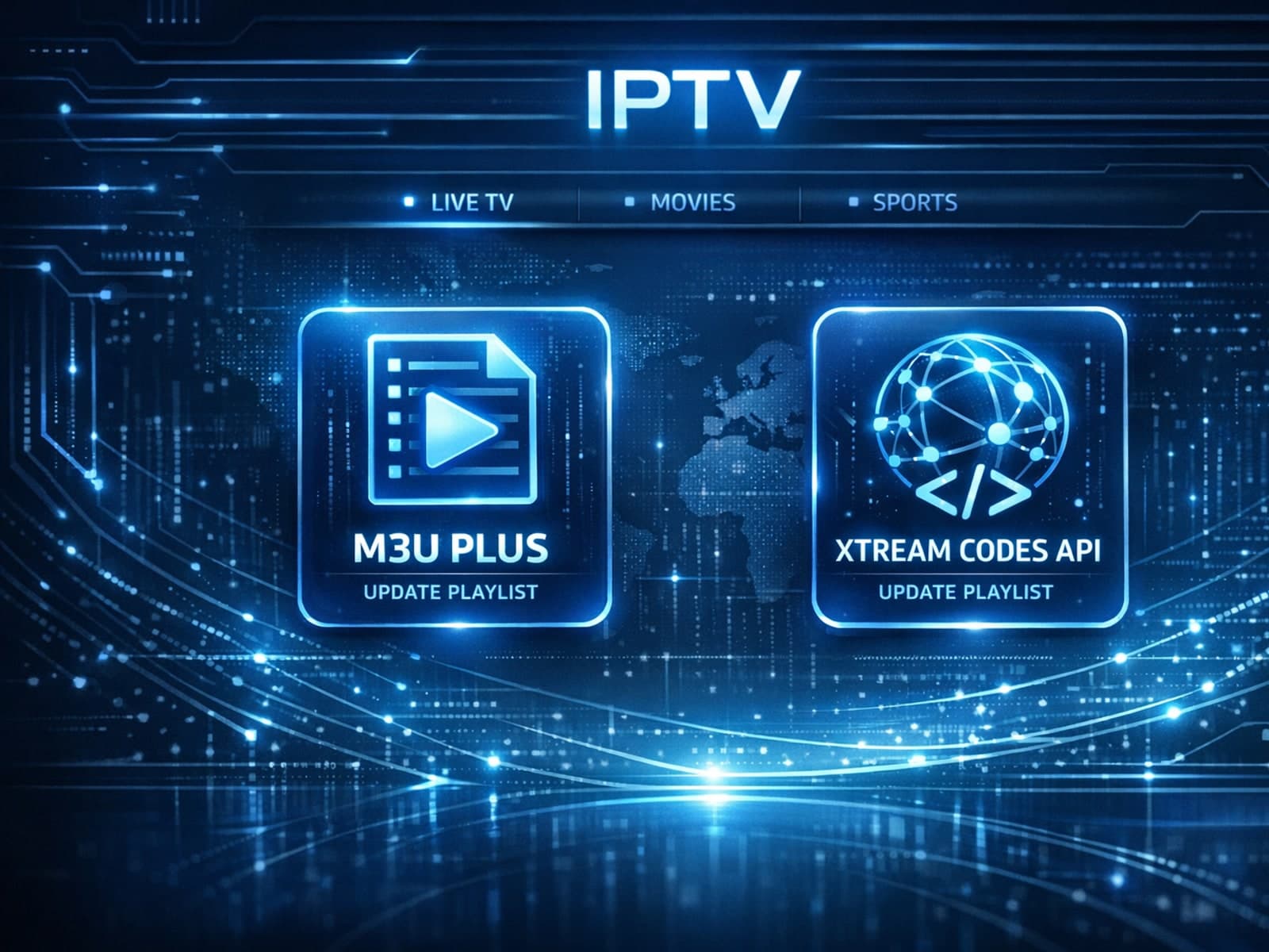 Conceptual digital interface showing IPTV playlist update options with dark blue tones