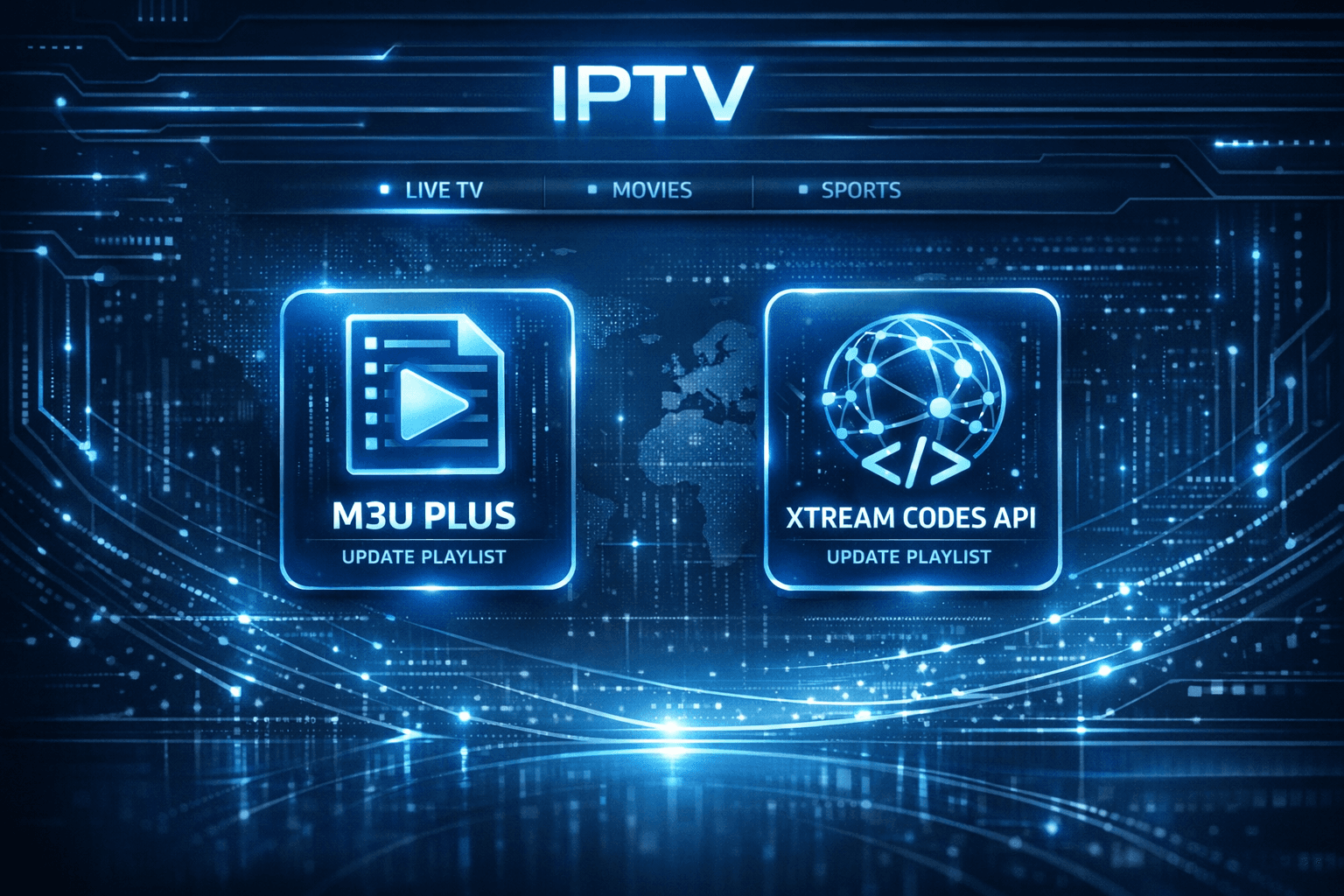 Conceptual digital interface showing IPTV playlist update options with dark blue tones