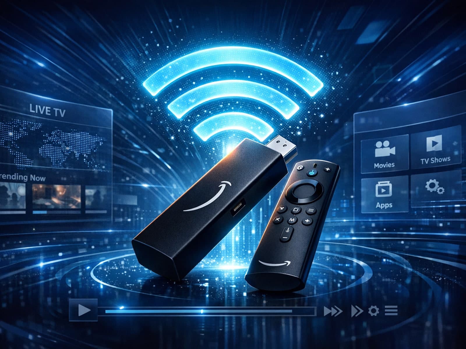 Fire TV Stick connected to a Wi-Fi router with IPTV streaming on TV