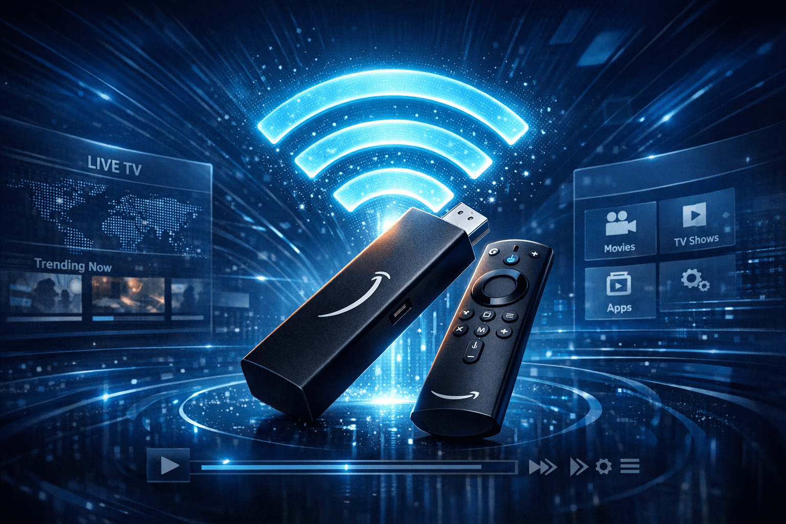 Fire TV Stick connected to a Wi-Fi router with IPTV streaming on TV