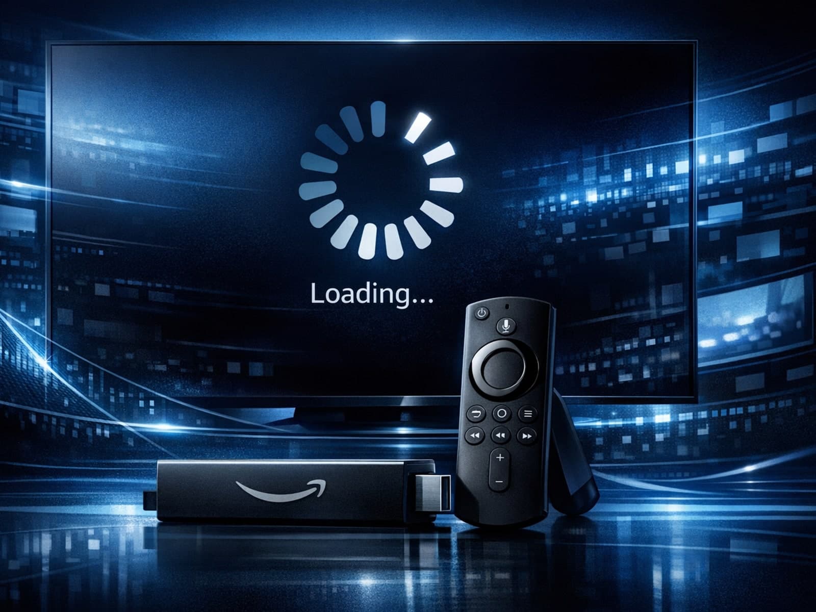 Fire TV Stick device with streaming buffering on screen against dark blue IPTV background