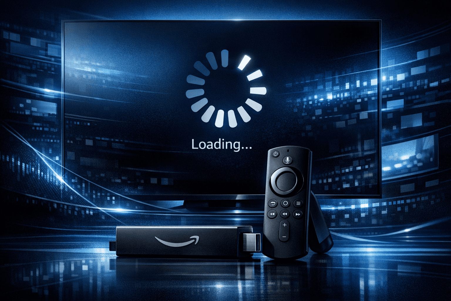 Fire TV Stick device with streaming buffering on screen against dark blue IPTV background