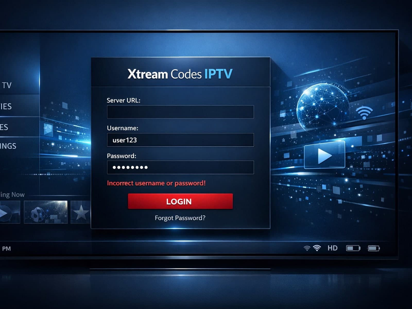 Screenshot showing Xtream Codes username password incorrect error message on IPTV app