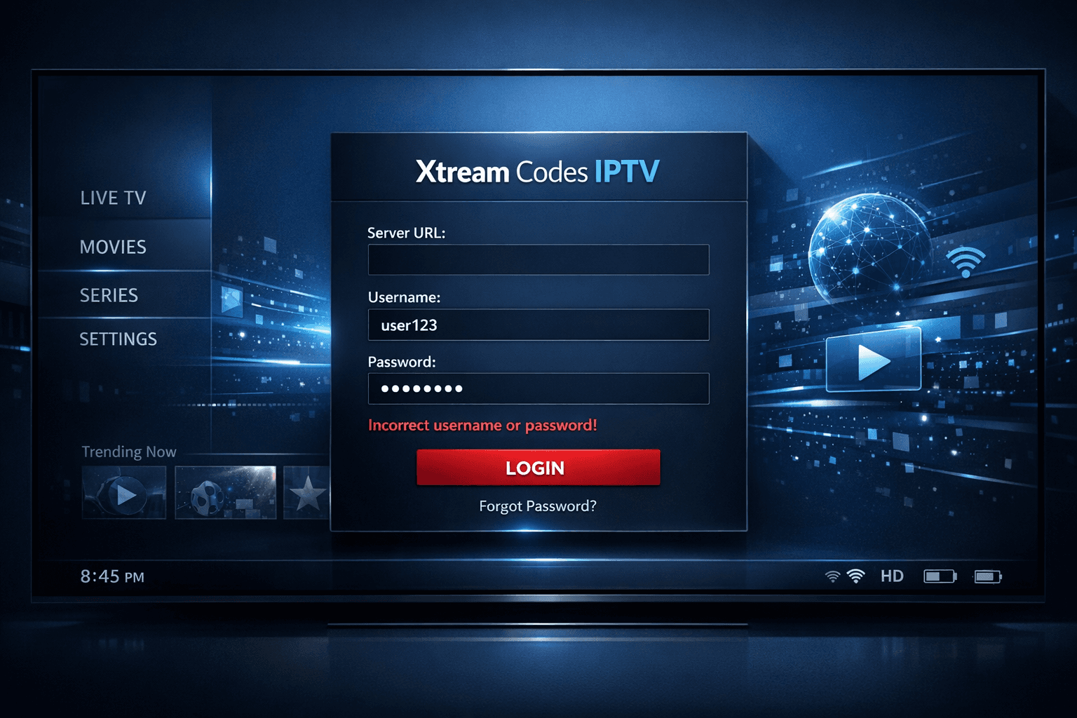 Screenshot showing Xtream Codes username password incorrect error message on IPTV app
