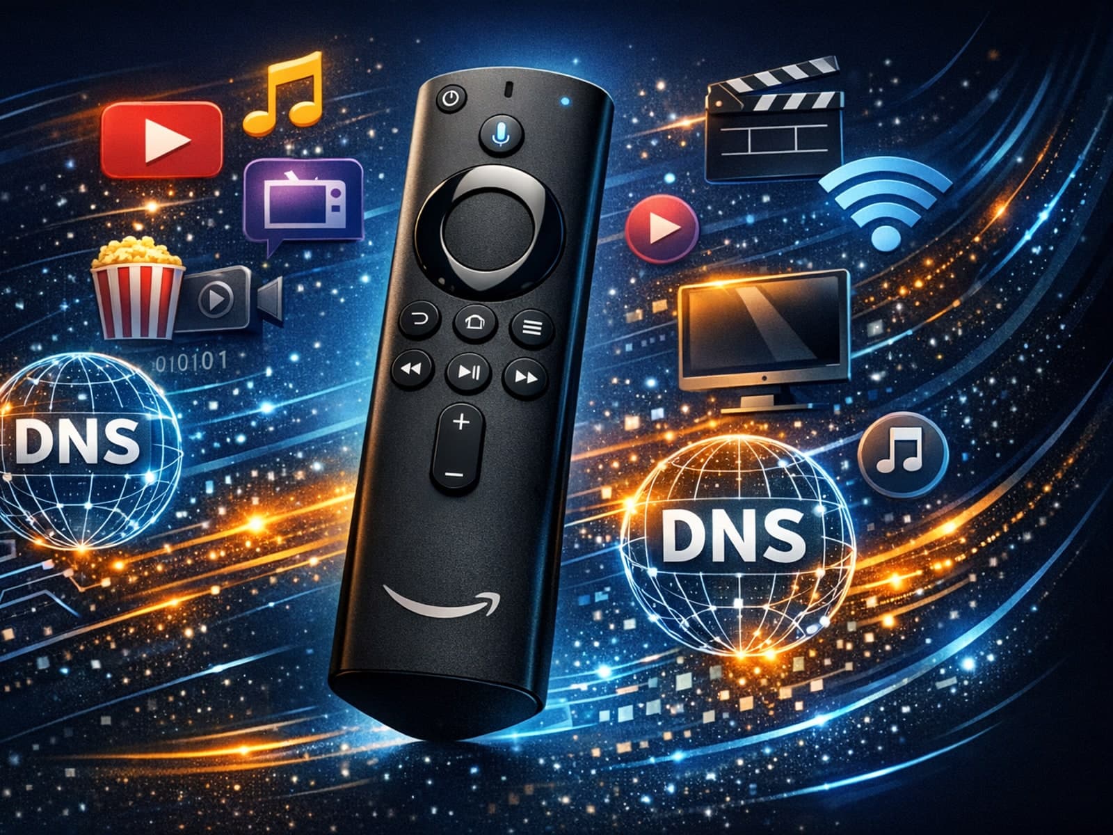 Firestick remote with IPTV streaming and DNS settings icons