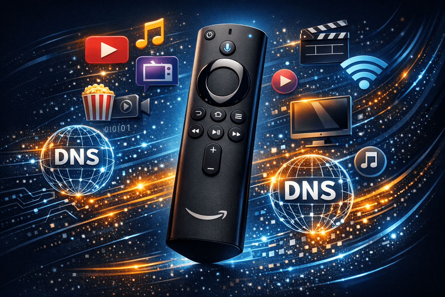 Firestick remote with IPTV streaming and DNS settings icons