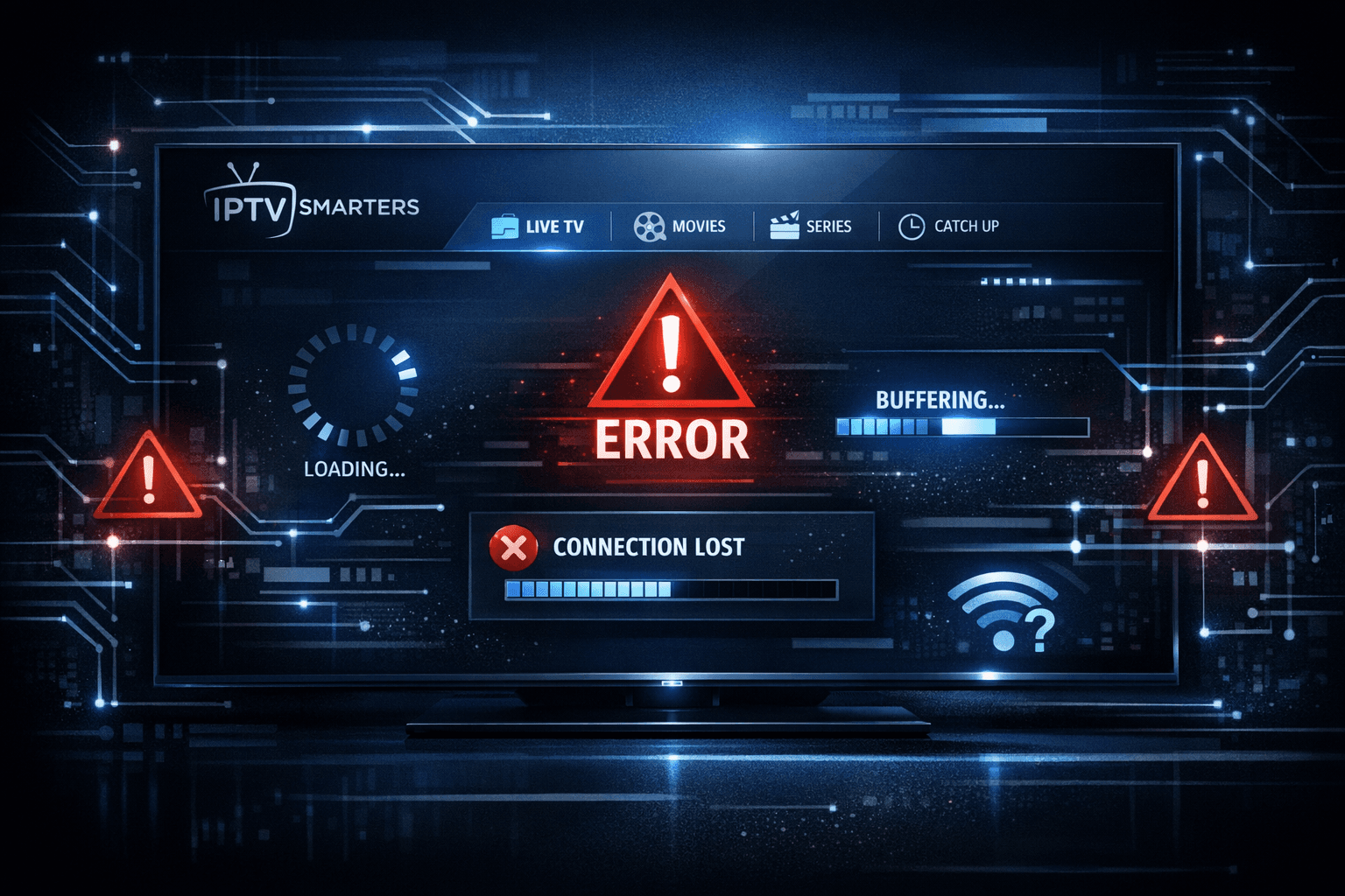 Abstract dark blue IPTV interface with troubleshooting icons and streaming symbols