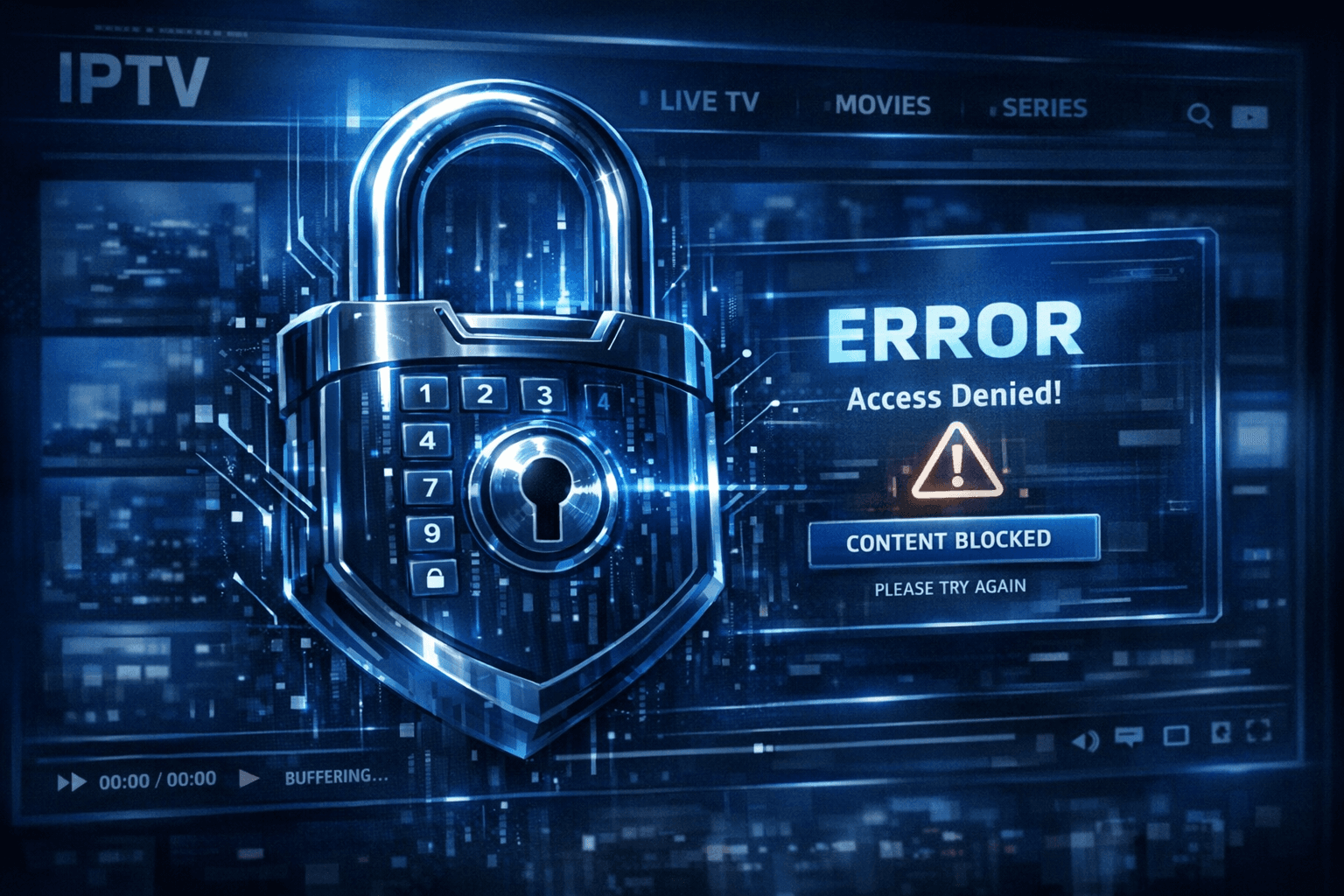 Digital lock icon over IPTV interface with error message themed in dark blue tones