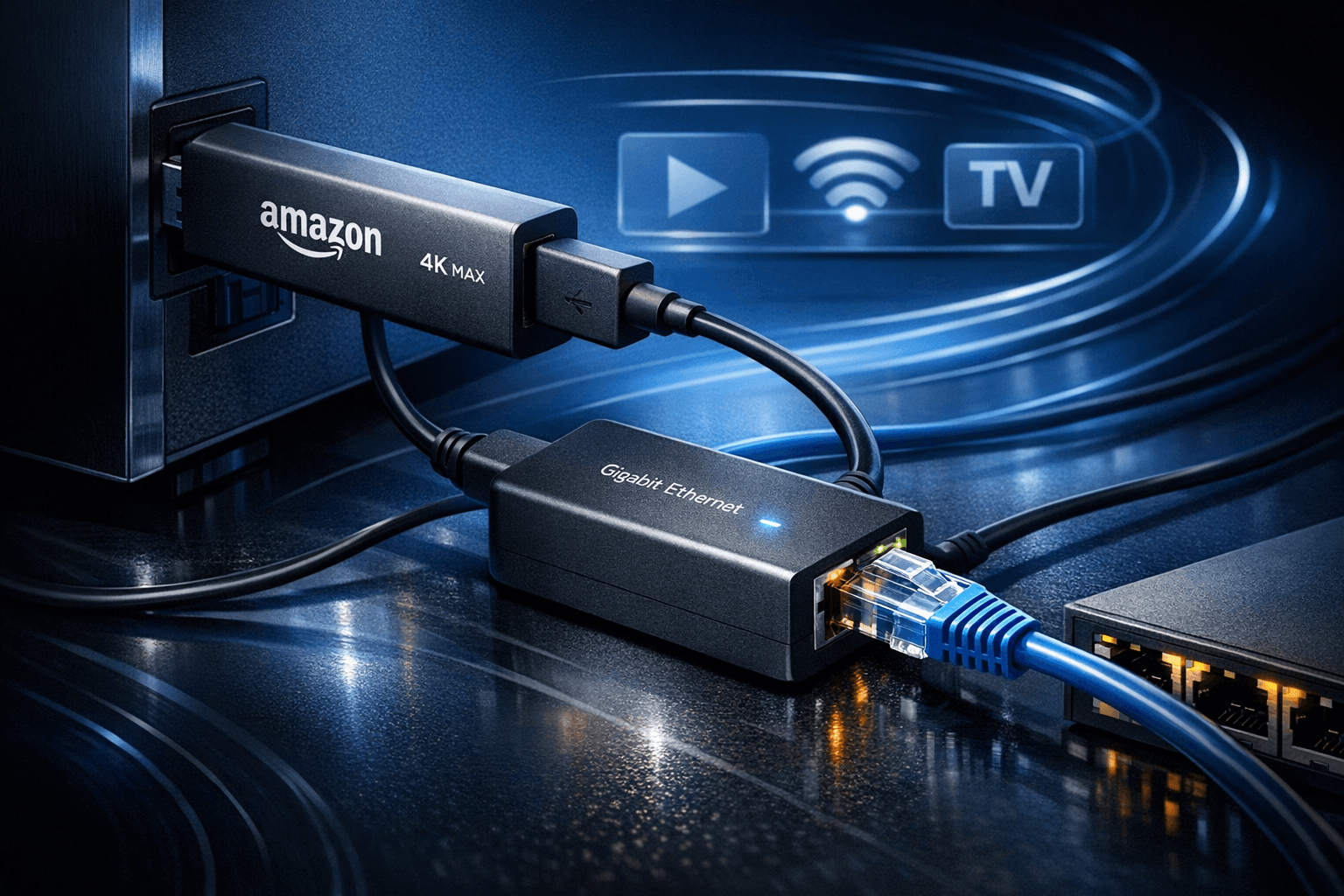 Close-up of Amazon Fire TV Stick 4K Max connected to an Ethernet adapter with network cables in a dark blue-themed IPTV setting.